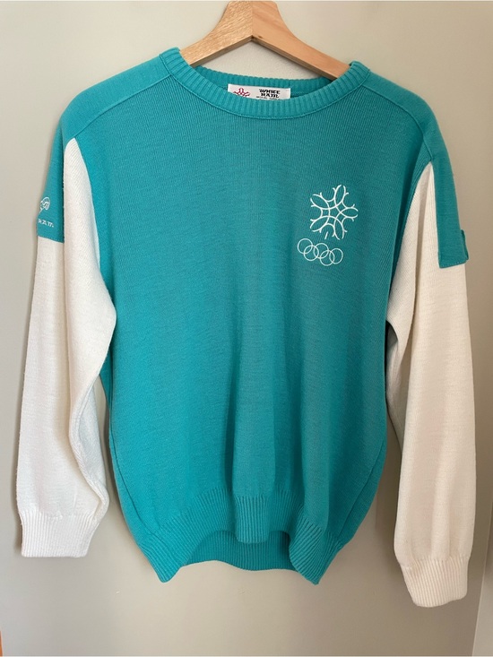 Vintage Sweaters - Vintage 1988 Calgary Winter Olympics White Ram Knit Sweater Teal White
